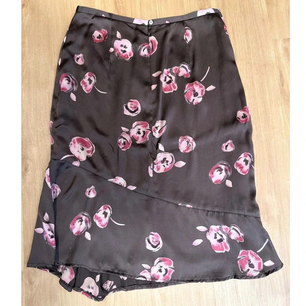 Gerard Darel Vintage Silk 2 Piece Set Brown Pink Floral Wrap Top Midi Skirt 42